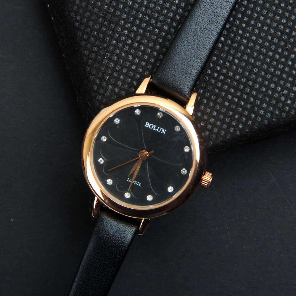 Womens Wrist Watch Golden Dial With Black Straps