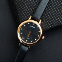 Womens Wrist Watch Golden Dial With Black Straps