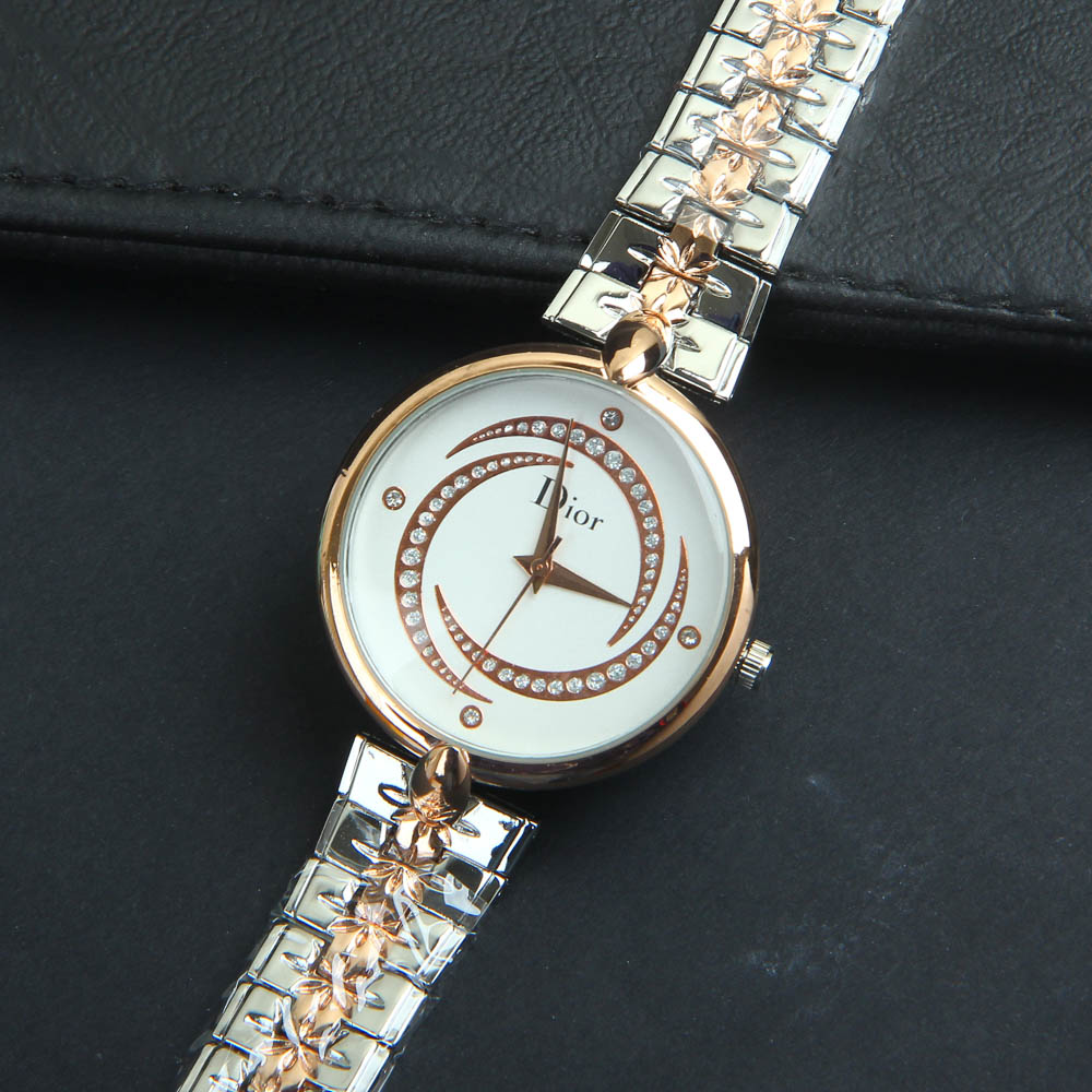 Two Tone Women Silver Chain Wrist Watch White Dial