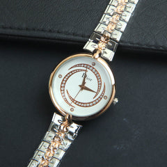 Two Tone Women Silver Chain Wrist Watch White Dial