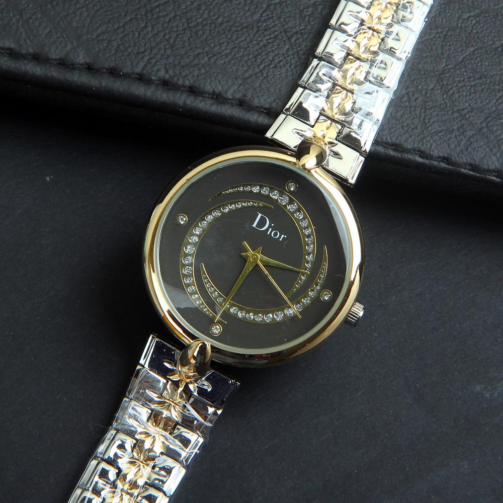 Two Tone Women Silver-Golden Chain Wrist Watch Black Dial