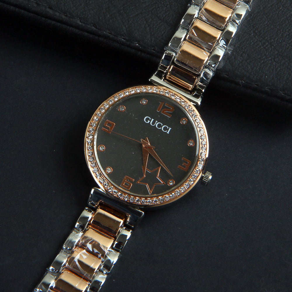 Two Tone Women Silver Chain Wrist Watch Rosegold