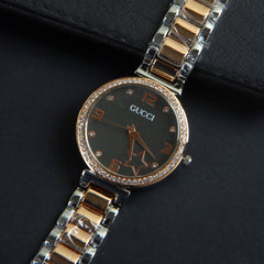 Two Tone Women Silver Chain Wrist Watch Rosegold