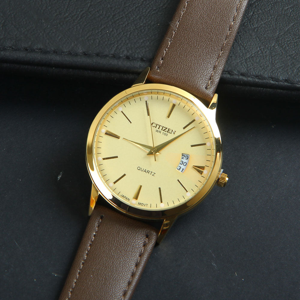 Mens Wrist Watch Brown Strap with Golden Dial