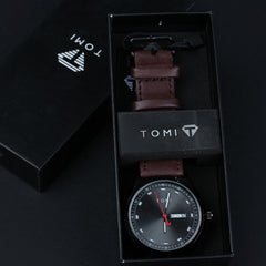 Mens Wrist Watch Black Dial Maroon Straps TMI