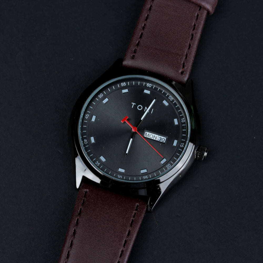 Mens Wrist Watch Black Dial Maroon Straps TMI