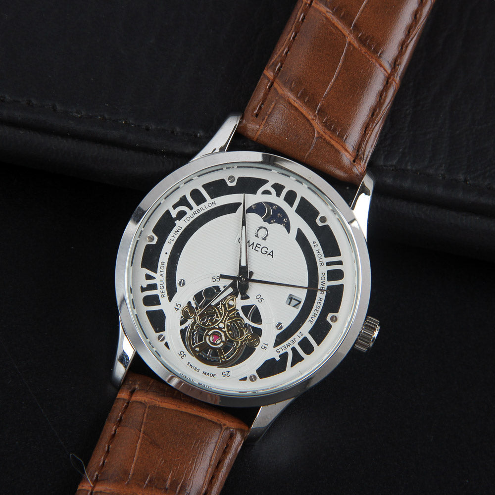 Mens Wrist Watch Brown Strap with Silver Dial O