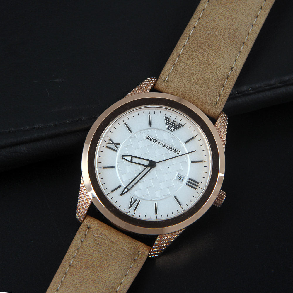 Mens Wrist Watch Beige Strap with Rosegold Dial
