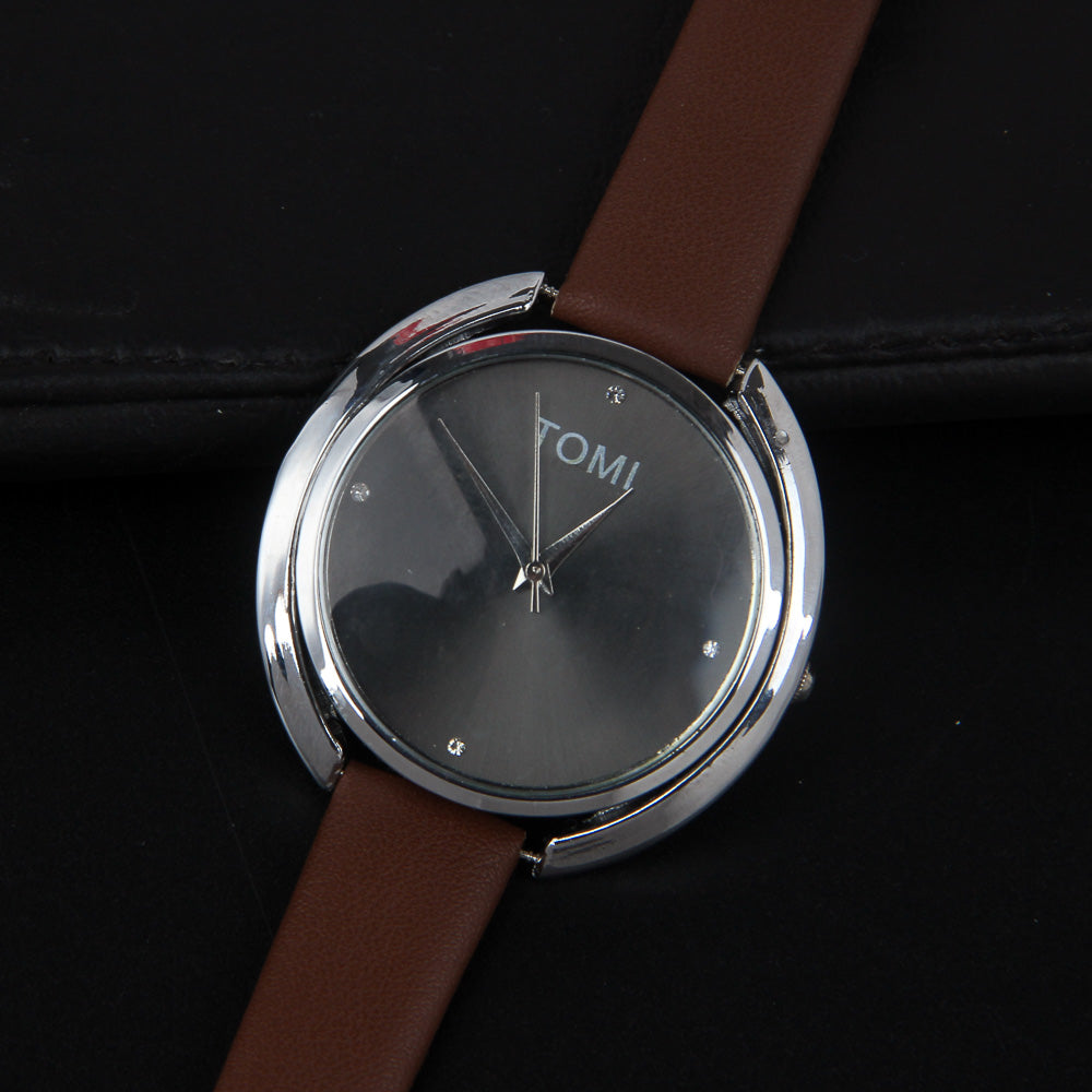 Women Wrist Watch Brown Strap Silver Dial