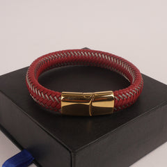 Red Leather silver Wire with Golden magnetic lock Leather Bracelet