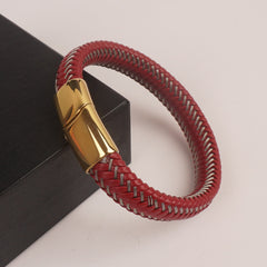 Red Leather silver Wire with Golden magnetic lock Leather Bracelet