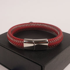 Red Leather silver Wire with Silver magnetic lock Leather Bracelet