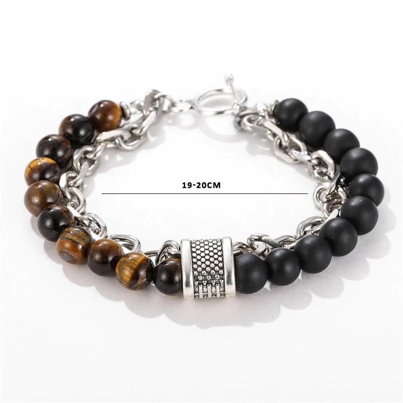 Stainless Steel Men's Tiger Eye BR154 Gunmetal Stone Link Chain Bracelet