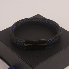 Black Leather Blue wire with Black magnetic lock Leather Bracelet