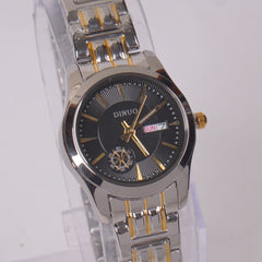 Two Tone Woman's Silver Chain Watch with Black Dial DINUO