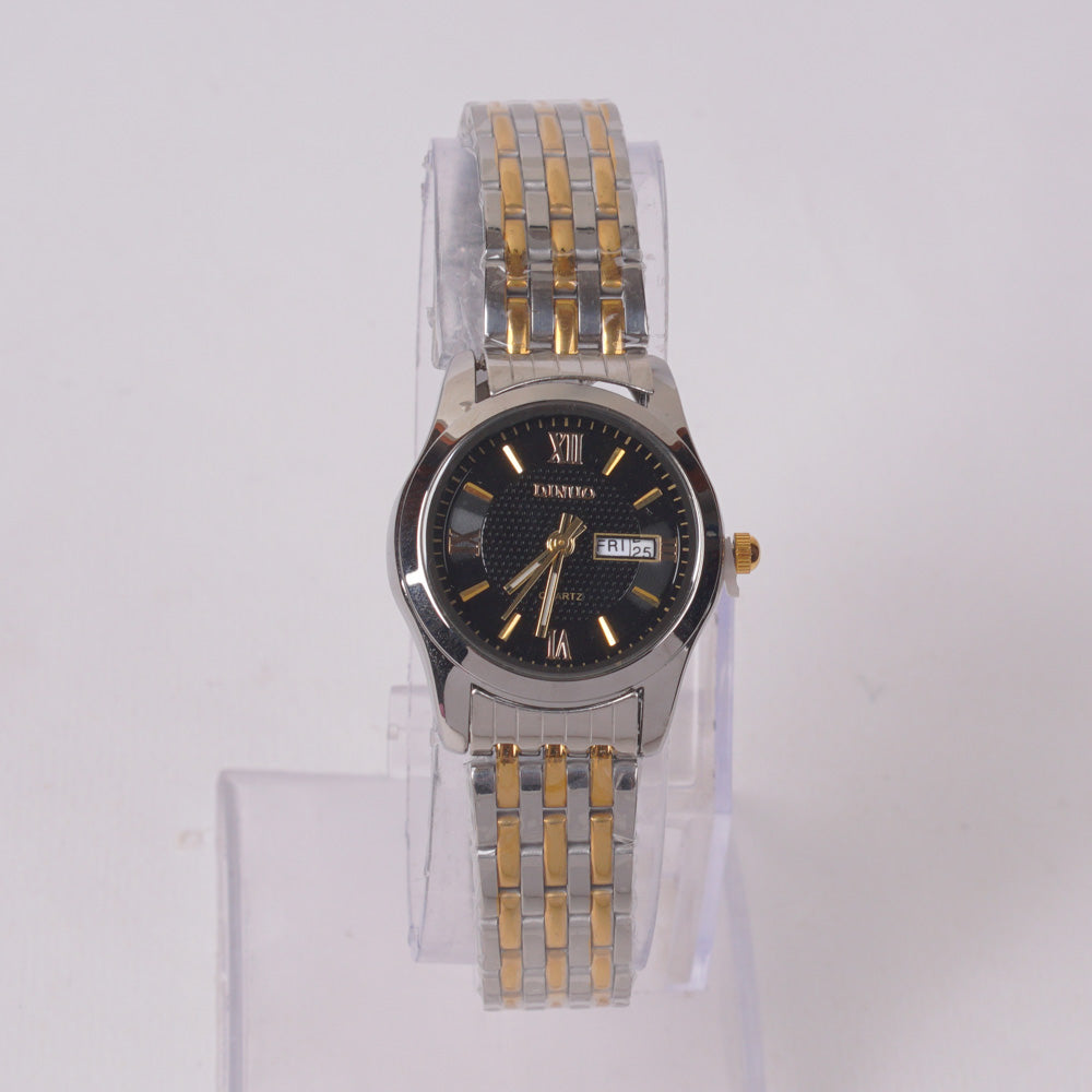 Two Tone Woman's Silver Chain Watch with Black Dial DINUO 1
