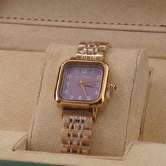 Woman's Rosegold Chain Watch with Purple Dial Square Shape