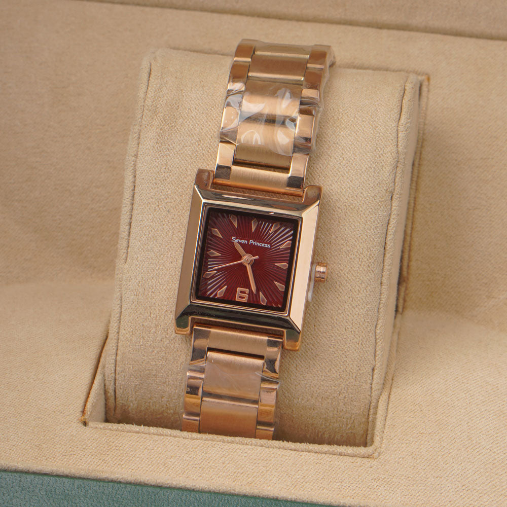Woman's Rosegold Chain Watch with Maroon Dial Square Shape