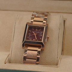 Woman's Rosegold Chain Watch with Maroon Dial Square Shape