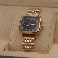 Woman's Rosegold Chain Watch with Black Dial Square Shape