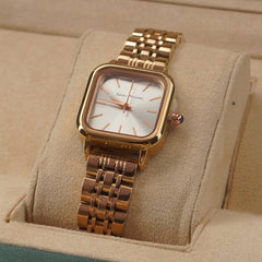 Woman's Rosegold Chain Watch with Silver Dial Square Shape