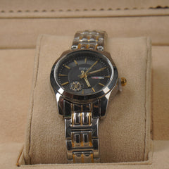 Two Tone Woman's Silver Chain Watch with Black Dial DINUO