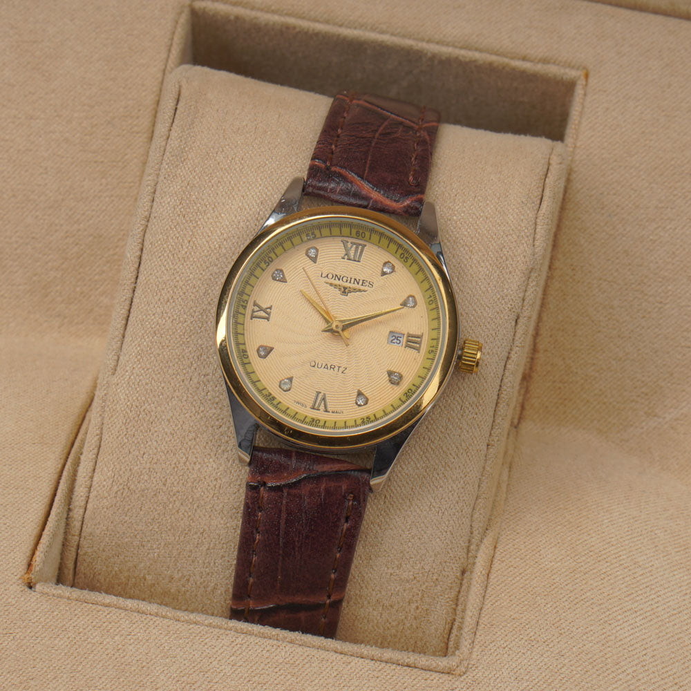 Woman Silver-Golden Dial Watch with Brown Straps