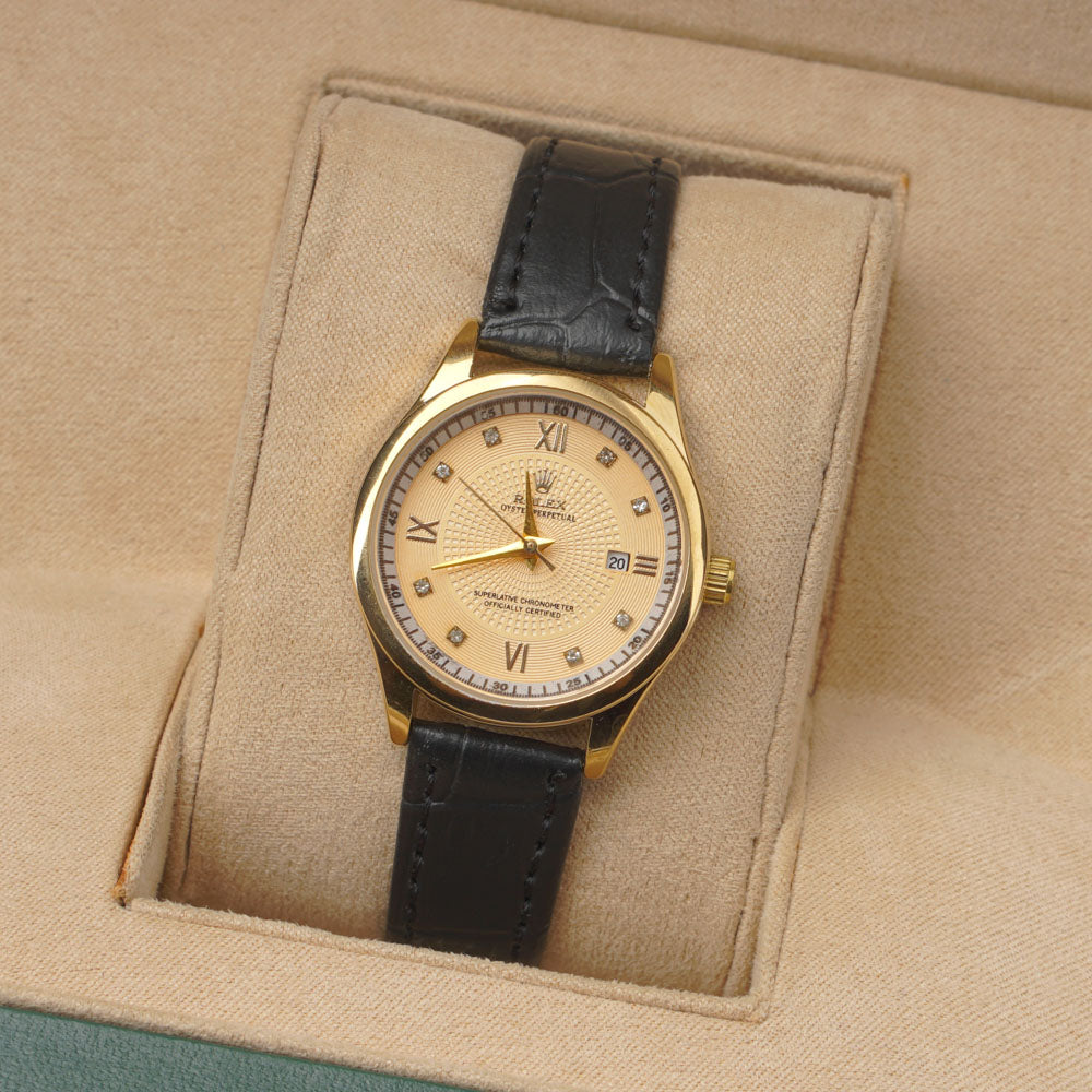 Woman Golden Dial Watch with Black Straps
