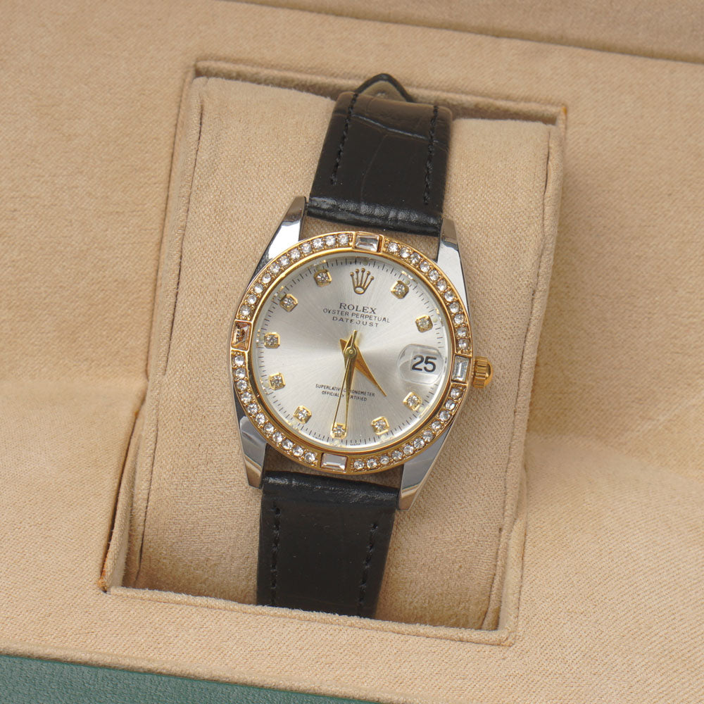 Woman Silver Dial Watch with Black Straps