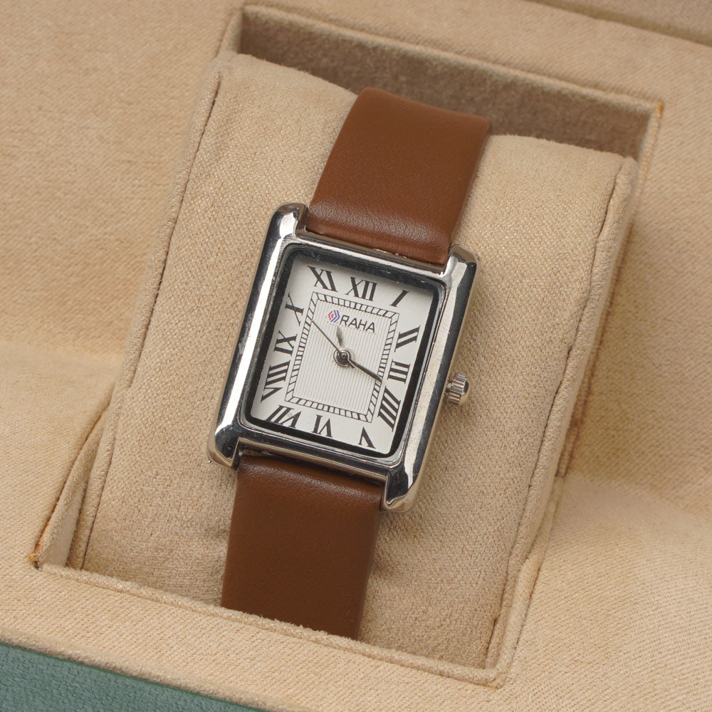 Woman Silver Watch with Brown Staps Square Shape