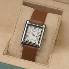 Woman Silver Watch with Brown Staps Square Shape