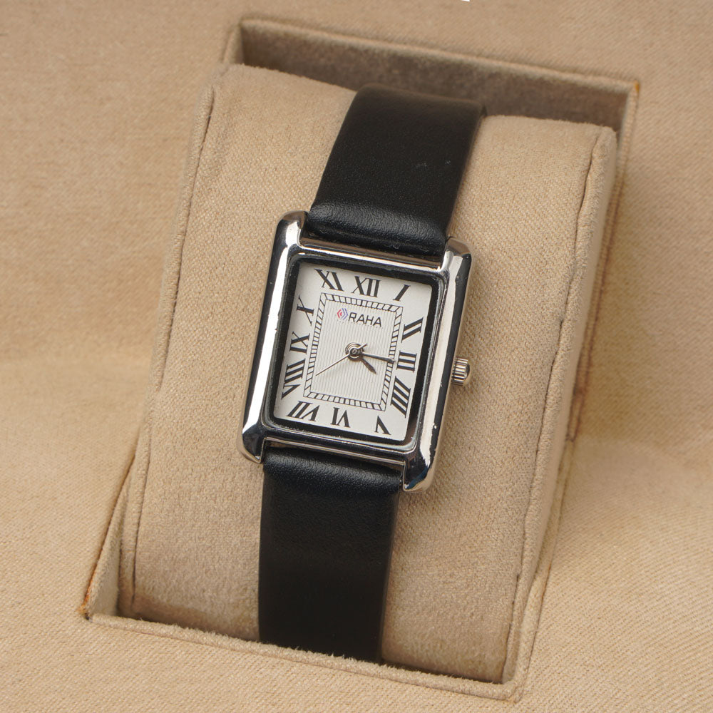 Woman Silver Watch with Black Staps Square Shape