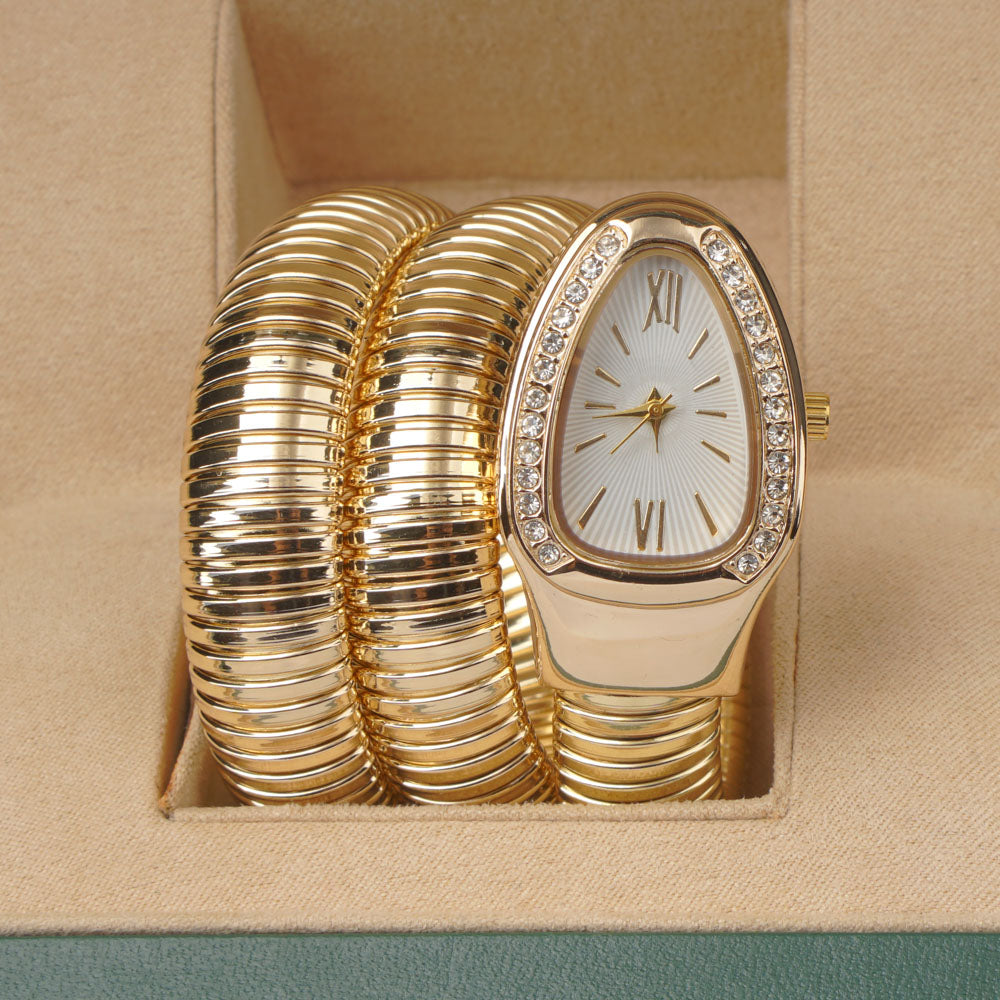 Womans Snake Watch Design Golden White