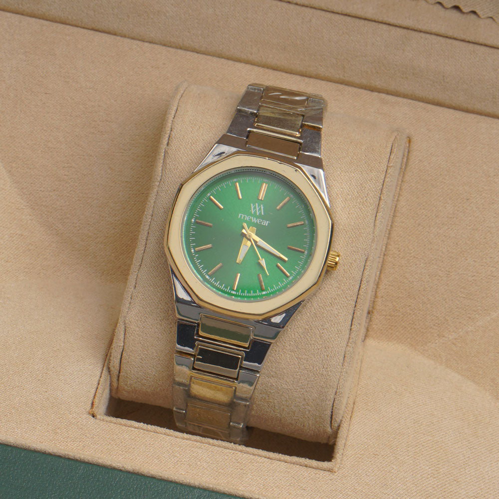 Two Tone Women's Silver Chain Wrist Watch With Green Dial