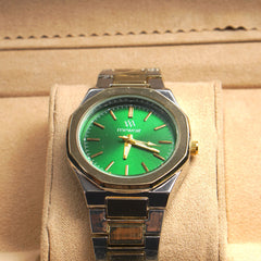 Two Tone Women's Silver Chain Wrist Watch With Green Dial