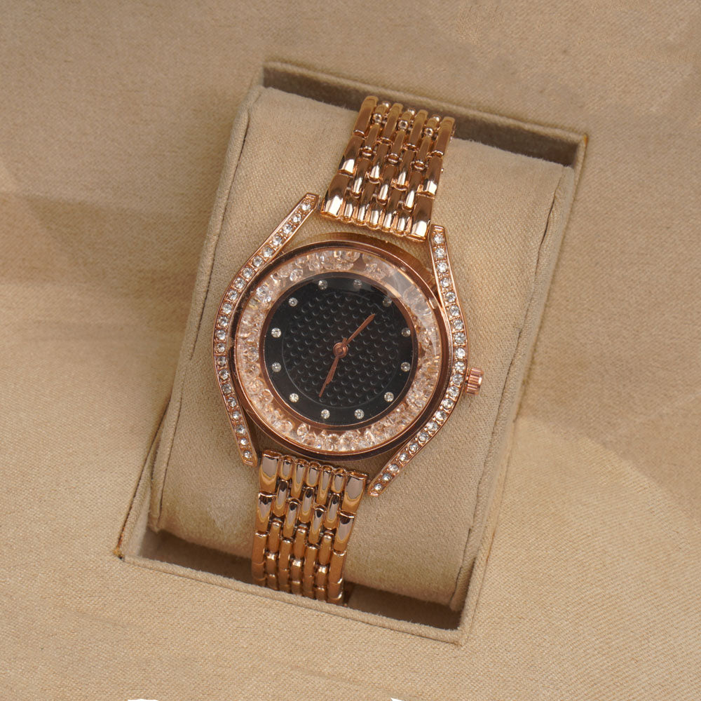 Woman Rosegold Chain Watch Black Dial
