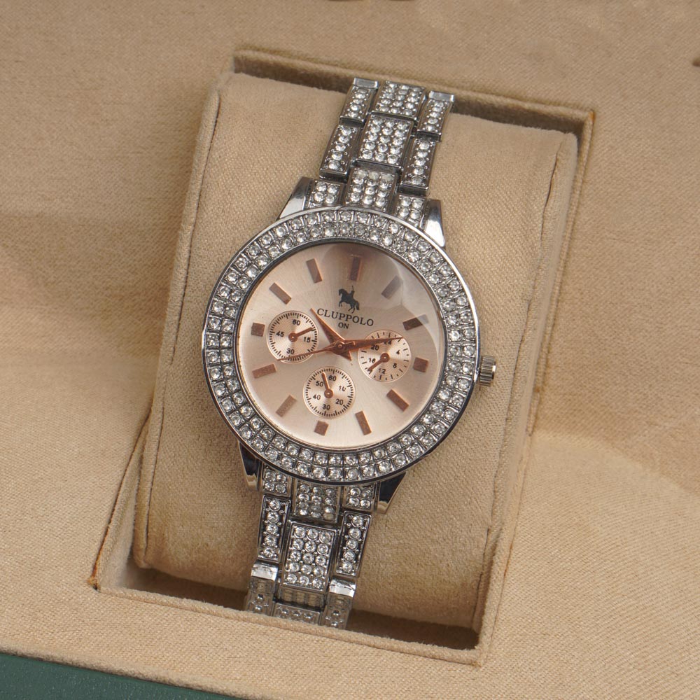 Woman Silver Chain Watch Pink Dial