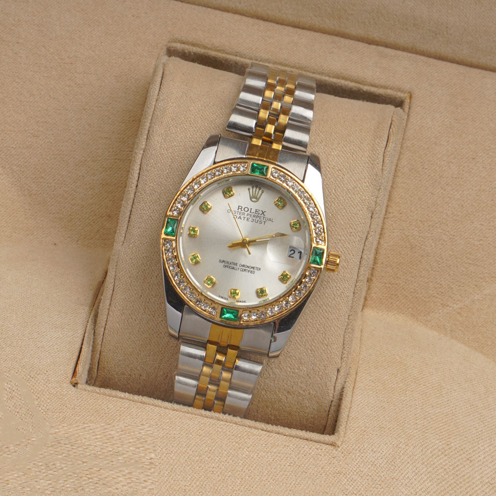Two Tone Silver Chain Womans Watch Green