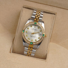 Two Tone Silver Chain Womans Watch Green