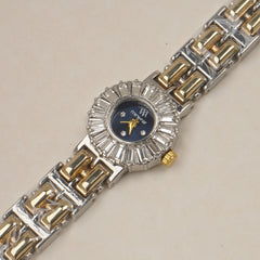 Two Tone Woman's Silver Chain Watch with Black dial