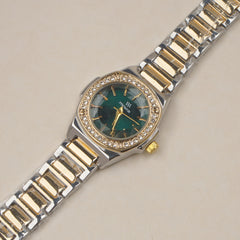 Two Tone Woman's Silver Chain Watch with Green dial