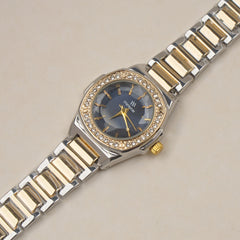 Two Tone Woman's Silver Chain Watch with Blue dial