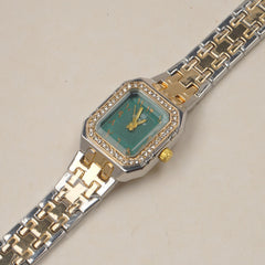 Two Tone Woman's Silver Chain Watch with green dial Arabic No