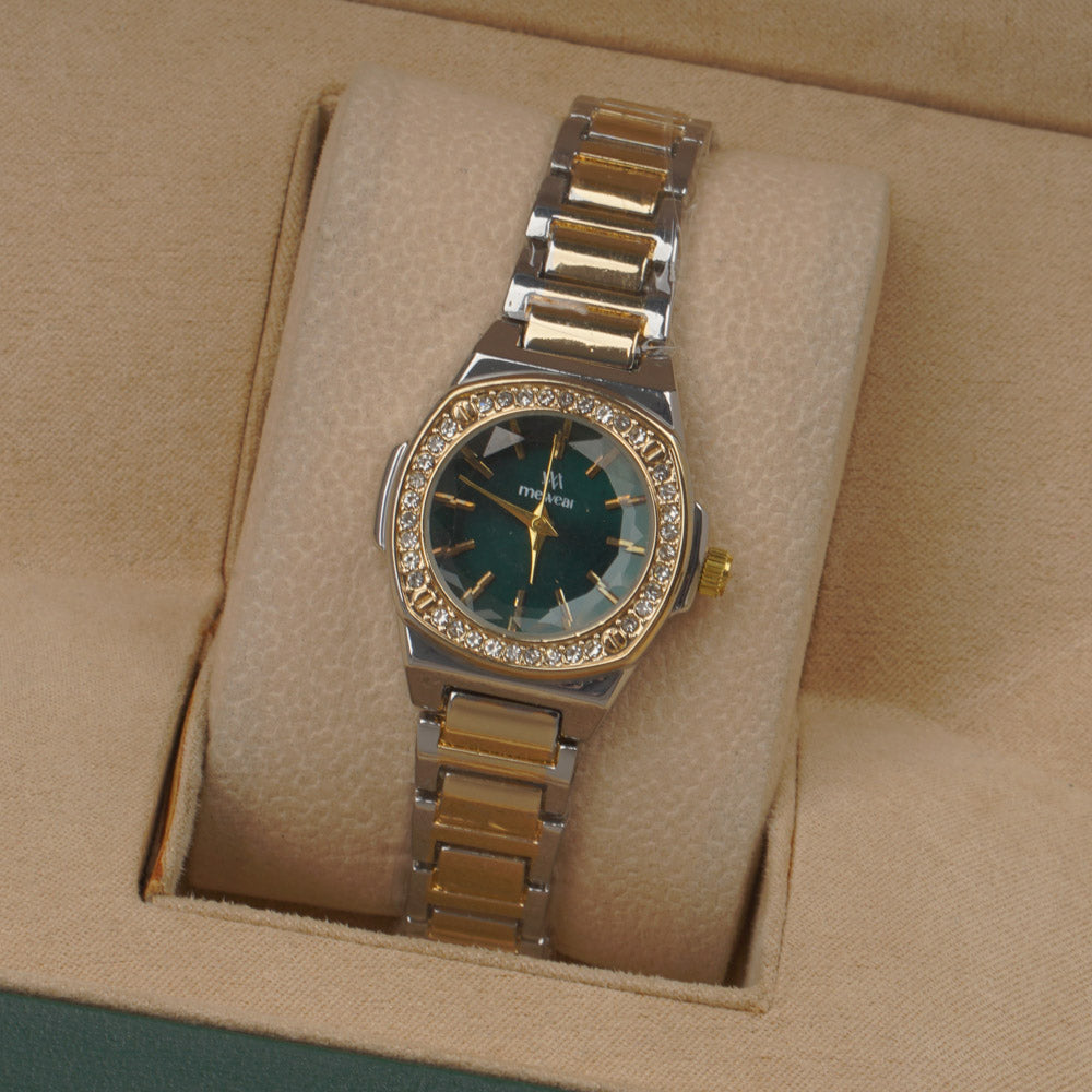 Two Tone Woman's Silver Chain Watch with Green dial