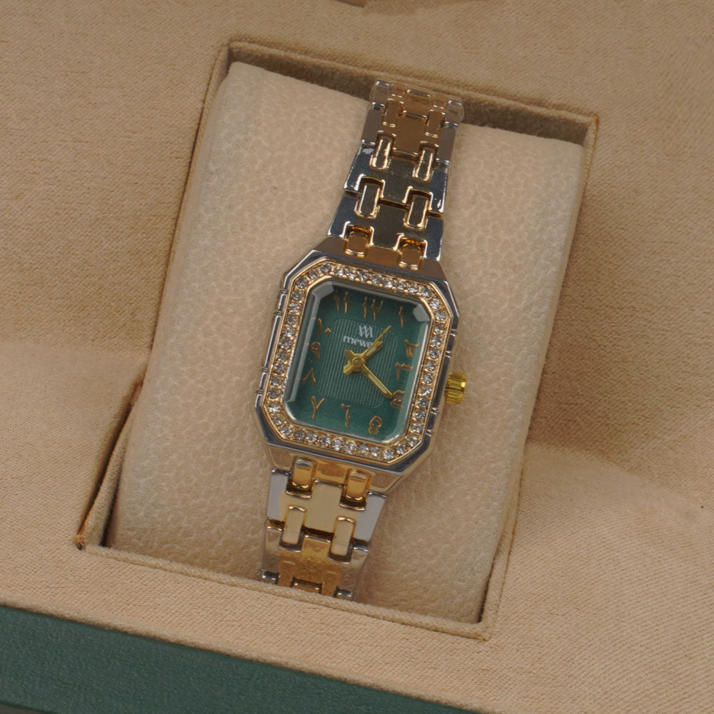 Two Tone Woman's Silver Chain Watch with green dial Arabic No