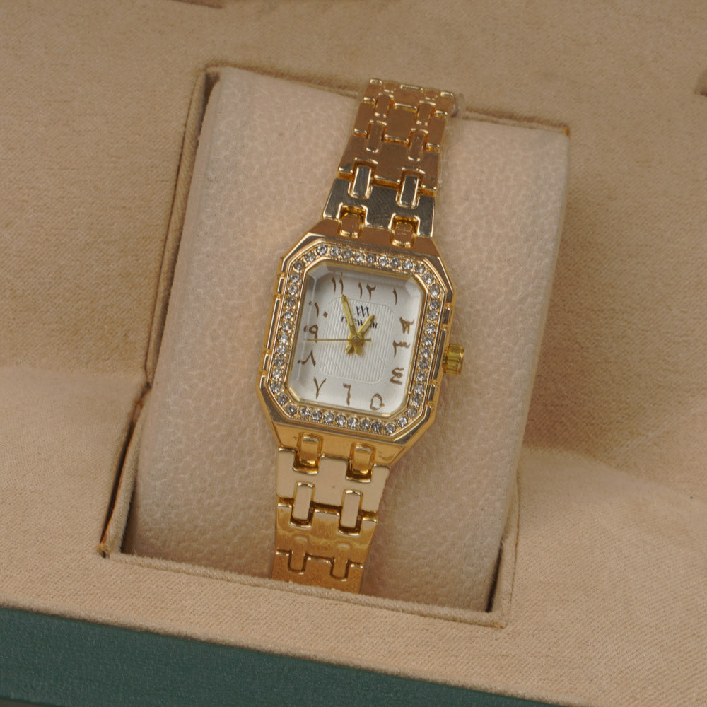Woman's Golden Chain Watch with White dial Arabic No