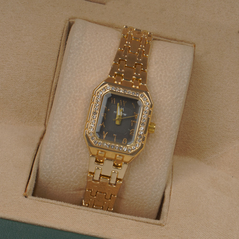 Woman's Golden Chain Watch with Black dial Arabic No