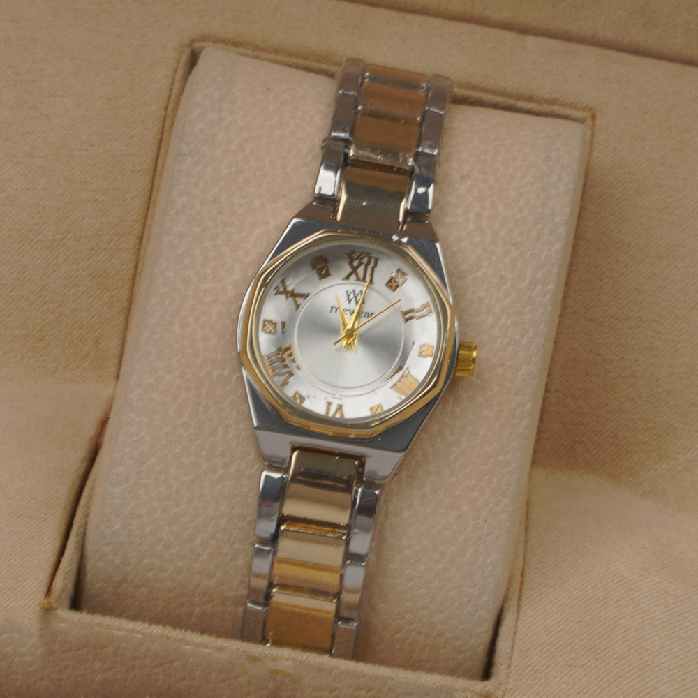 Two Tone Woman's Silver Chain Watch with White dial