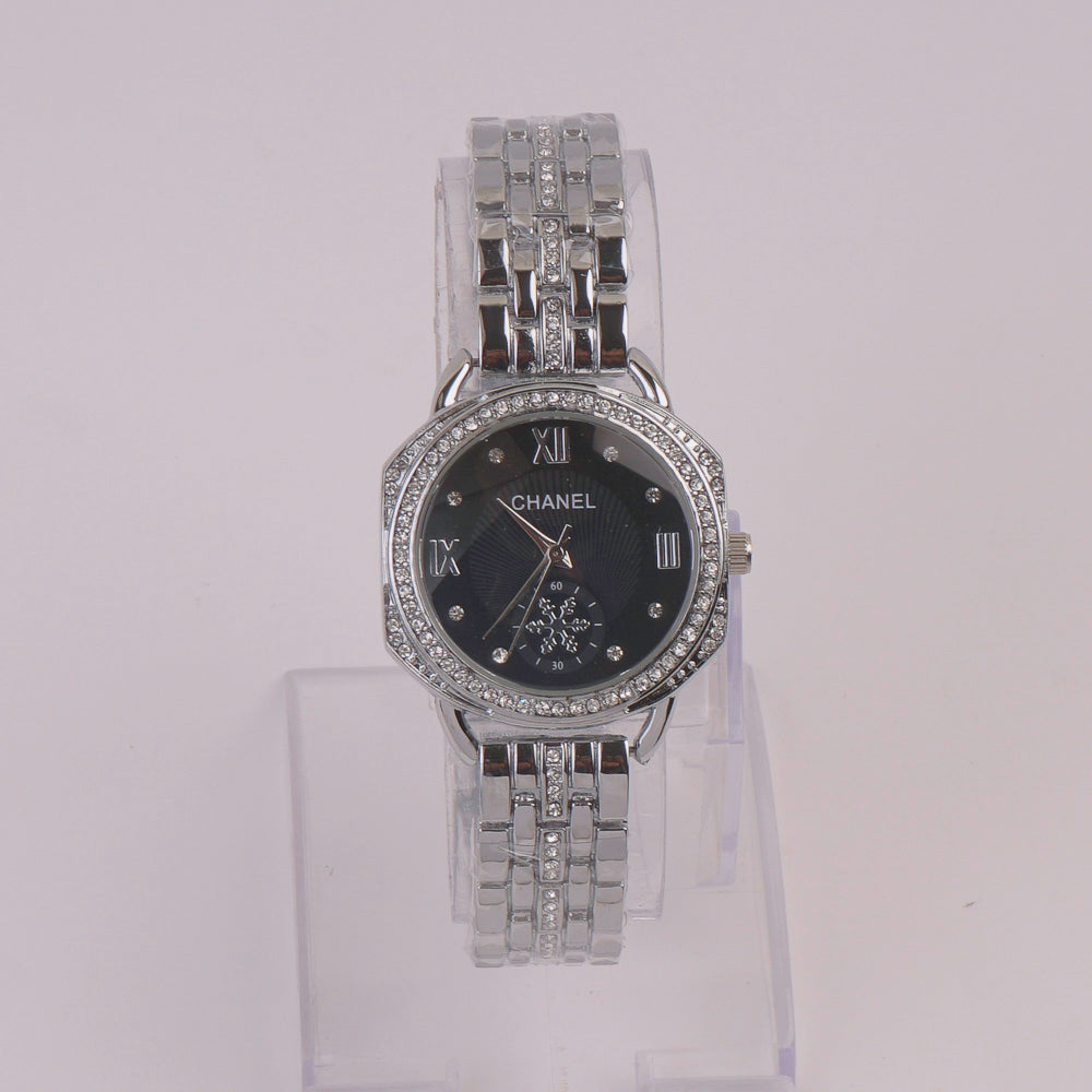 Women Chain Watch Silver Black