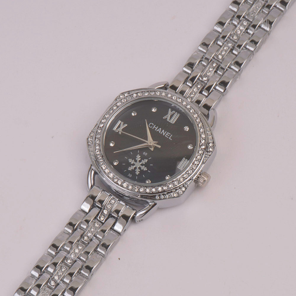 Women Chain Watch Silver Black